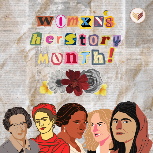 Womxn's Herstory Month flyer with drawings of women at the bottom