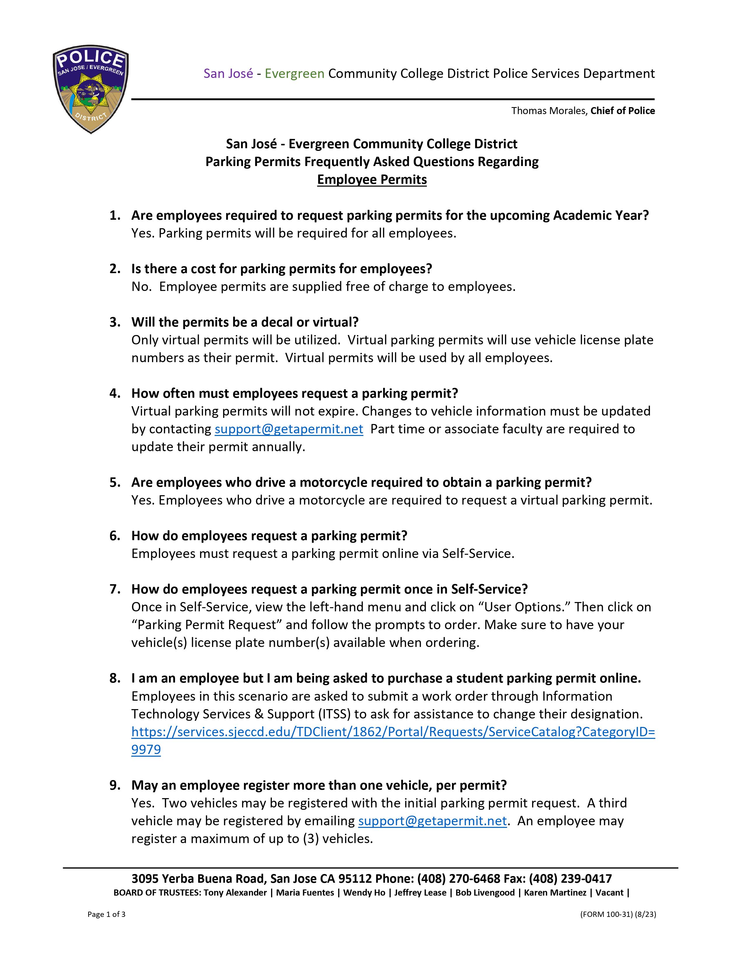 Employee Permit FAQ Screenshot of PDF page 1 of 3