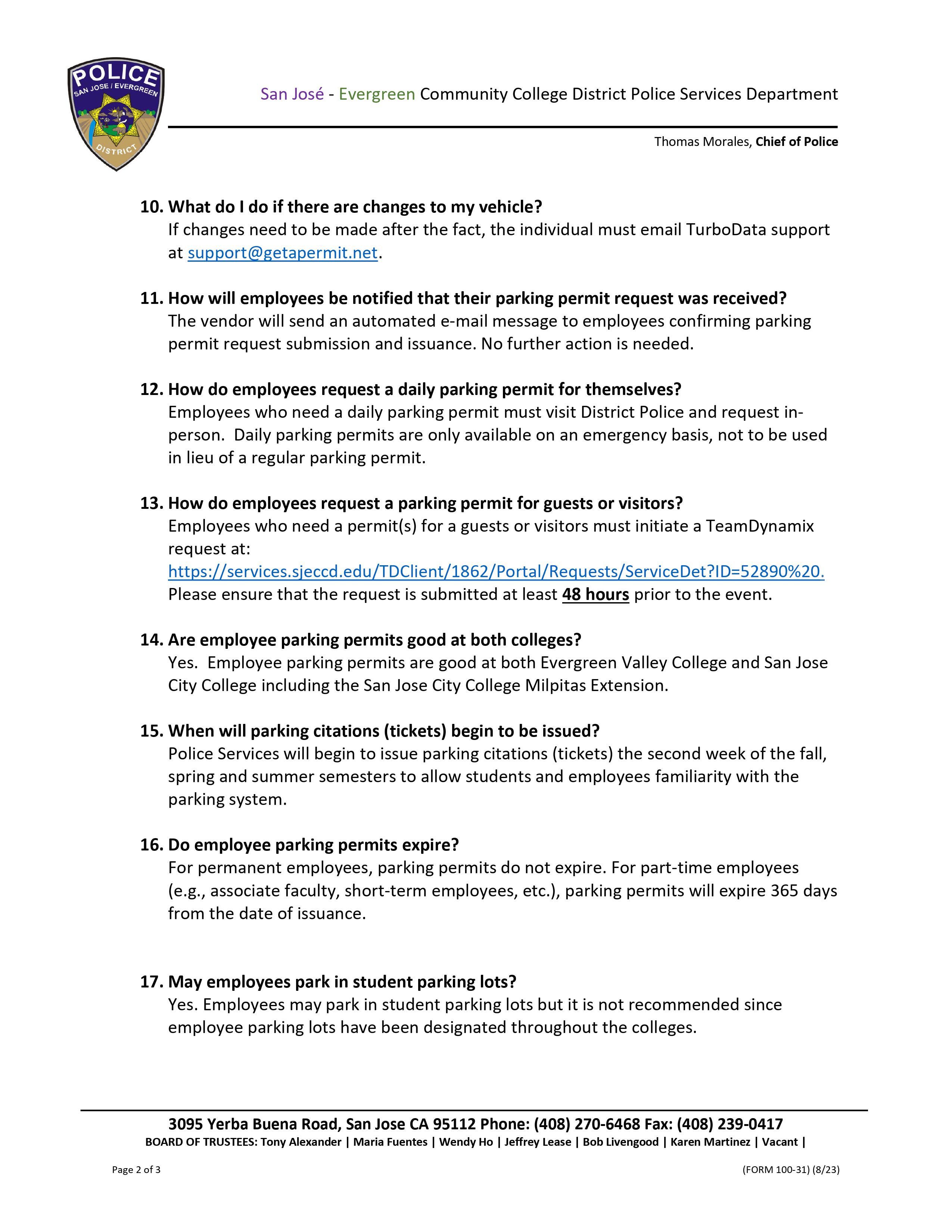 Employee Permit FAQ Screenshot of PDF page 2 of 3