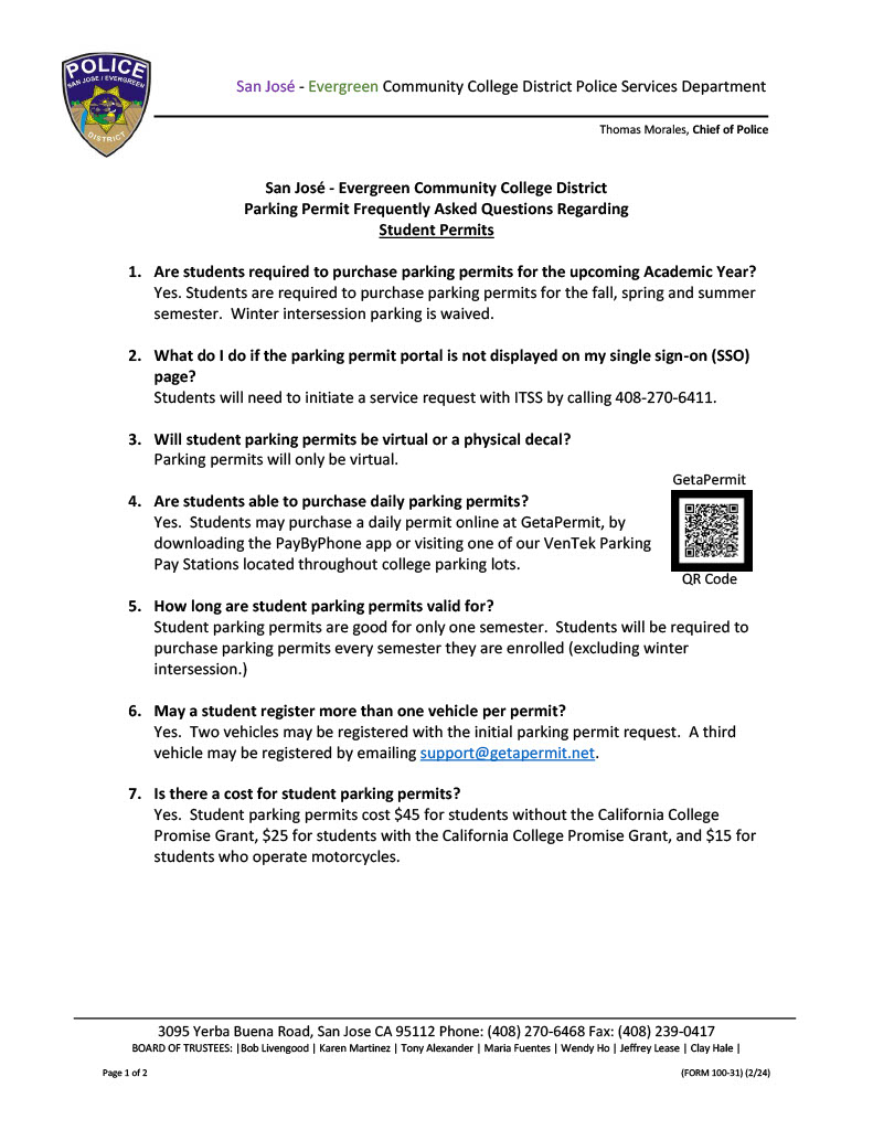 Student Permit FAQ Screenshot of PDF page 1 of 2